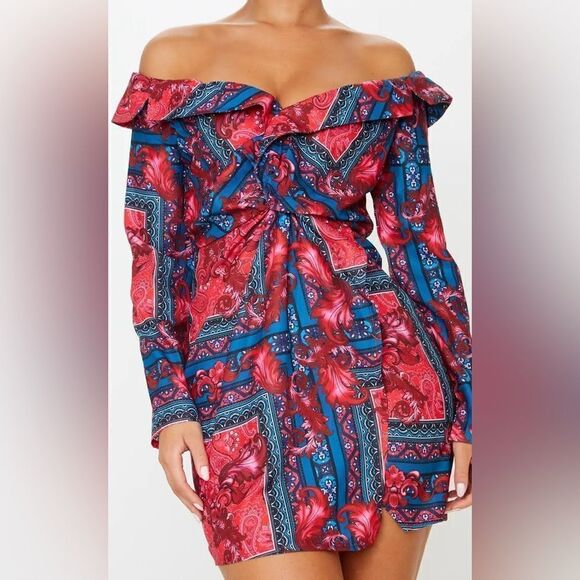 PrettyLittleThing Multi Paisley Bardot Knot Detail Blazer Dress NWT - Picture 4 of 12